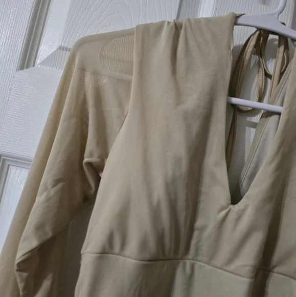 Guess Neutral Beige Mesh Bodysuit, Ruched Back, Sheer Sleeves, Deep V-Neck, EUC! - Picture 4 of 15
